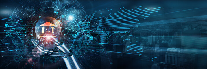 Hand of robot touch on banking technology network, digital payments compliance automation transaction security risk management fintech integration finance customer verification.