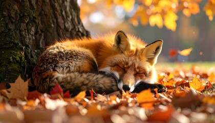 Fox peacefully rests autumn