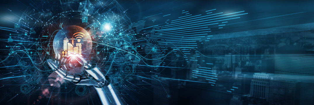 Hand of robot touch on smart cities innovation network, automation sensors mobility data monitoring infrastructure connectivity environment planning transformation integration systems.