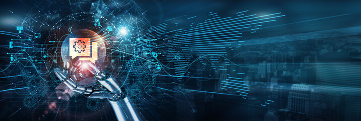 Hand of robot touch on IT consulting services network, architecture systems digital transformation cloud infrastructure support solutions analysis automation planning integration.