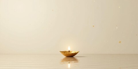 Modern Minimalist Golden Diya Flickering Flame Reflective Surface Soft Beige Background - Diwali Celebration, Spirituality, Tradition Marketing Cultural Event Promotions
