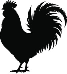 rooster silhouette image, farm bird vector, black chicken outline, rural rooster clipart, barnyard animal shape, country rooster graphic, bold tail rooster art