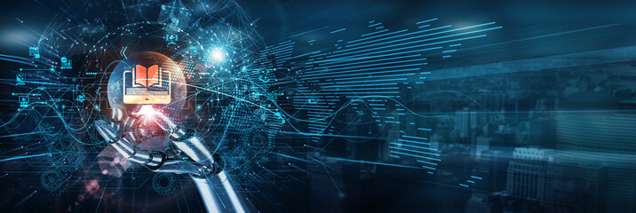 The hand of the robot touches the e-learning platform's network and content delivery. LMS automation quizzes virtual learning modules for engagement access interaction education performance tracking.