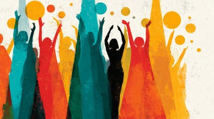 Vibrant abstract illustration of people raising arms in celebration, colorful silhouettes with orange, red, teal,