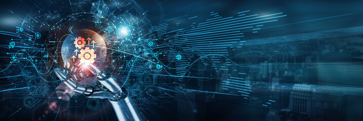 The hand of the robot touches the automation control network, robotics workflow intelligence efficiency optimization sensor systems productivity accuracy performance machine innovation.