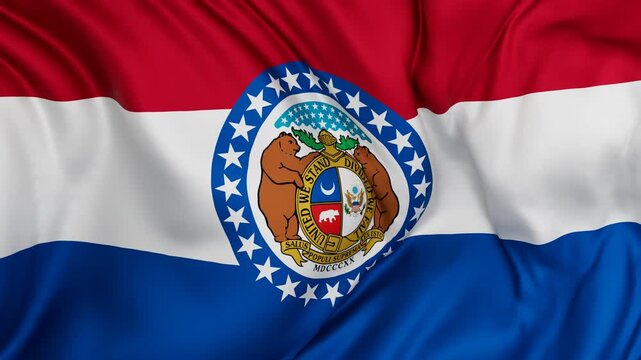 Missouri US state flag swaying in the wind, looped endless cycled video, completely full screen covers flag background