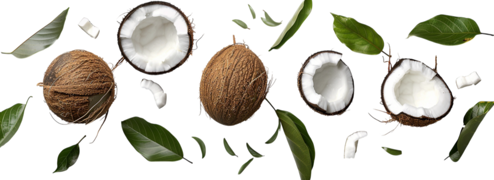 Coconuts with leaves float. Exotic fruit background for tropical marketing, food ads, web design. Summer concept.