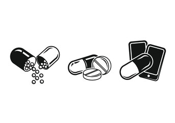 Vector art of set of medical icons including pills, capsules, and smartphone