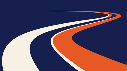 Abstract winding road with orange and white stripes on dark blue background