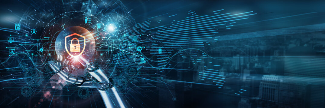 The hand of a robot touches a cybersecurity defense network, protection automation detection firewalls threats encryption monitoring data compliance infrastructure resilience.