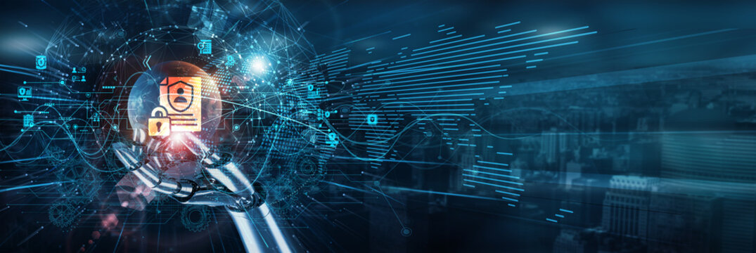 The hand of a robot touches the data privacy compliance network, encryption automation protection regulation control transparency governance monitoring security frameworks.