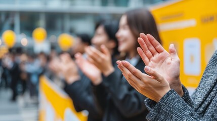 Two hands clapping in focus at an outdoor event with a crowd of blurred figures and festive yellow balloons,