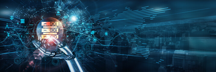 Hand of robot touch on big data analytics network, collection processing automation storage insights visualization intelligence mining architecture scalability decision.