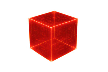 Fototapeta premium Glowing red cube rotating, revealing intricate circuit pattern against transparent backdrop, representing advanced technological concept