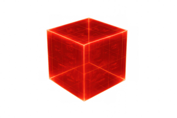 Glowing red cube rotating, revealing intricate circuit pattern against transparent backdrop, representing advanced technological concept