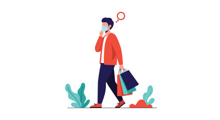 Man wearing face mask and carrying shopping bags outdoors enjoying a walk in the park