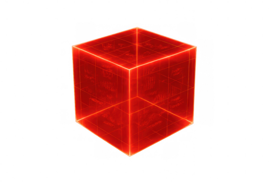 Glowing red cube rotating, revealing intricate circuit pattern against transparent backdrop, representing advanced technological concept
