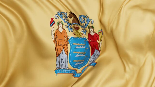 New Jersey US state flag swaying in the wind, looped endless cycled video, completely full screen covers flag background