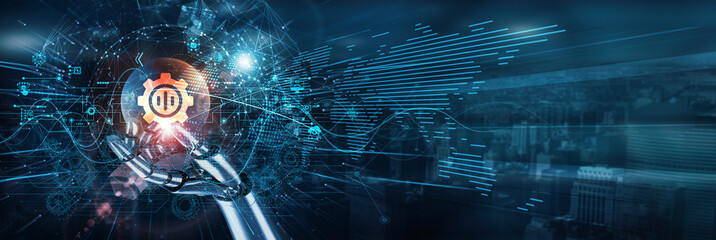 The hand of the robot touches the natural language processing (NLP) semantic network, automation text speech AI understanding analysis generation chatbot language model data.