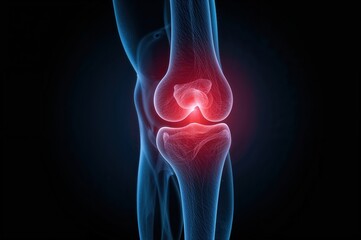 Knee joint medical illustration with glowing effect showcasing bone anatomy perfect for orthopedic healthcare and joint pain treatment presentations
