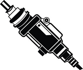 Fuel injector silhouette, engine part line art, automotive component vector, car repair drawing, mechanical detail illustration