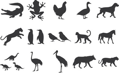 15+ Different animal silhouette set collection. Animal vector black and white editable eps file. Alligator, Amphibian, Chicken, Dinosaur, Dog, graphic, Duck, Horse, Monkey, Old Word