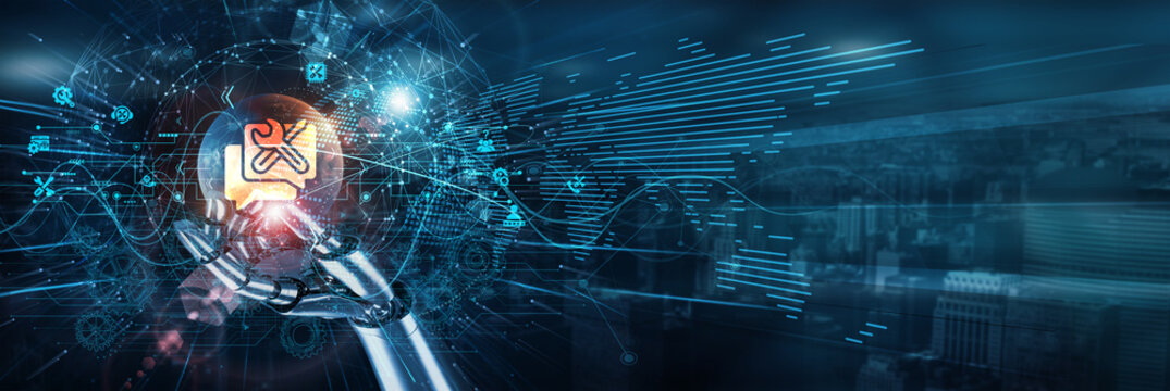 Hand of robot touch on technical support system network, troubleshooting diagnostics remote access ticketing automation resolution hardware software performance efficiency.