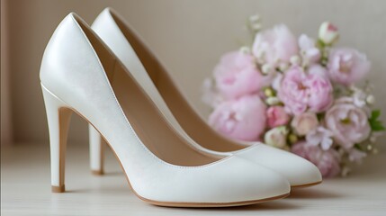 Elegant White Wedding Heels with Pink Flower Bouquet in Soft Focus Background