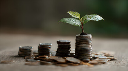 A small plant growing out of a stack of coins surrounded by other stacks and loose coins on a surface