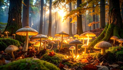 Glowing mushrooms in forest