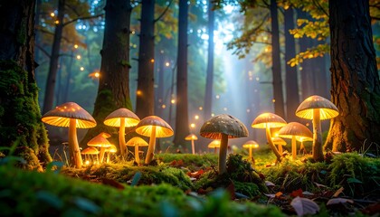 Glowing mushrooms in forest
