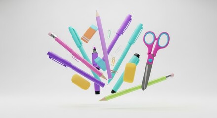 Pastel Stationery Explosion:  Floating Pens, Pencils, Scissors & Erasers