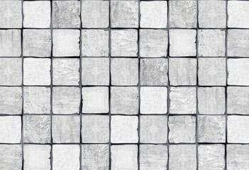 Seamless retro patchwork pattern of worn gray, white, and checkered tiles mimicking aged stone wall texture, banner, tileable