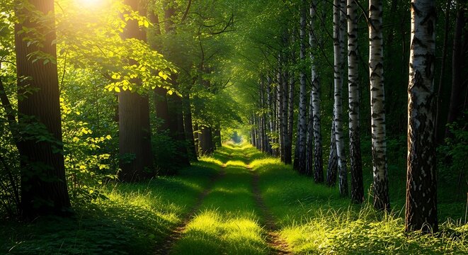 Sunlit path through a lush green forest with tall trees