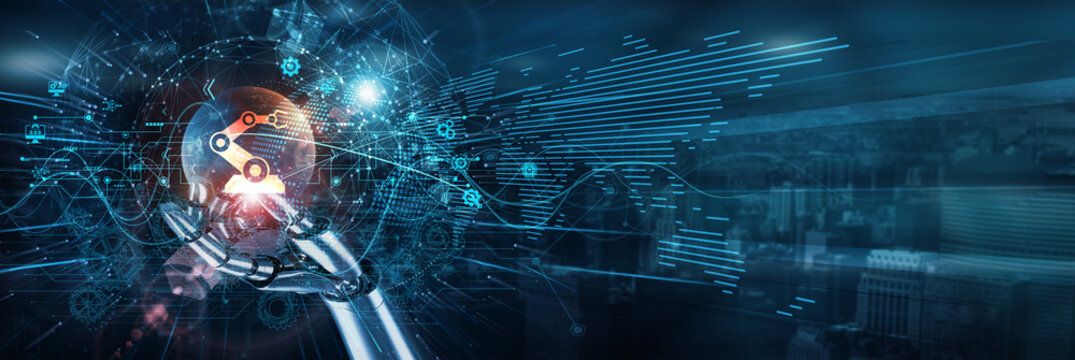 Hand of robot touch on Industry 4.0 smart factory network, automation robotics IoT AI data integration production analytics innovation digital transformation efficiency.