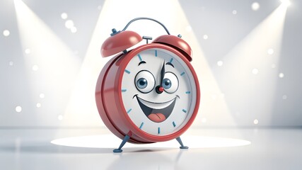 Cheerful cartoon alarm clock with happy face and expressive features