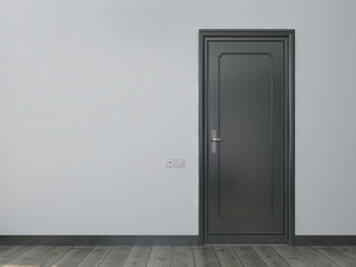 Door with steel door handle. Door handle on wood oak door panel. 