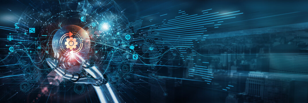 The hand of a robot touches the digital transformation network, automation innovation modernization restructuring systems cloud integration strategy agility efficiency progress.