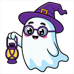 Vector flat illustration of cute ghost character flying with a witch hat and lantern, ideal for Halloween designs, party visuals and spooky decor