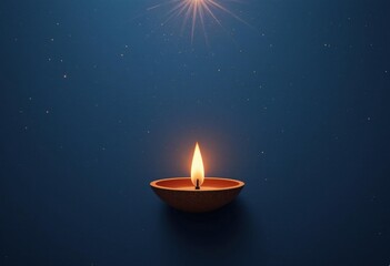 Modern Minimalist Clay Diya Warm Light Deep Blue Background - Diwali Celebration Concept Marketing Materials, Copy Space Festive Greetings Spiritual Inspiration