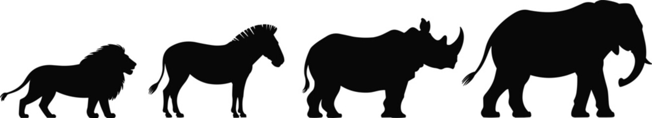 African animal silhouettes, lion zebra rhino elephant, safari wildlife clipart, wild animal vector, jungle animal art, black safari animal illustration