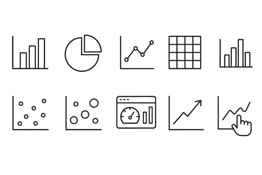 Set of ten simple line icons for data visualization and analytics tools