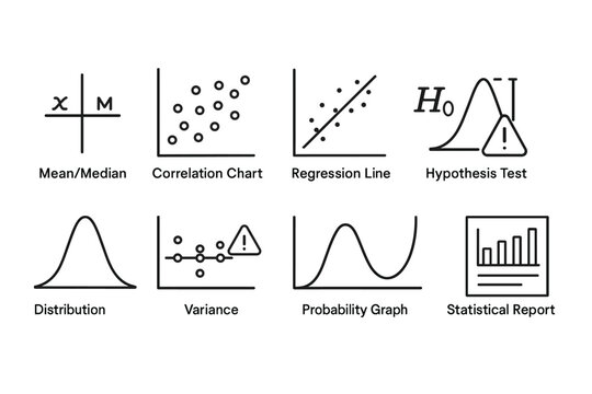 Set of black and white statistical icons for data analysis and visualization