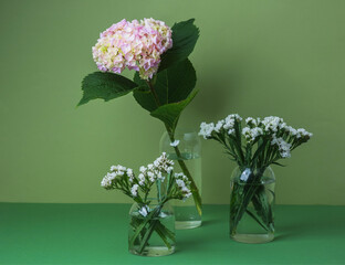 Floral trio arrangement with hydrangea and statice – suitable for lifestyle or floral editorial design