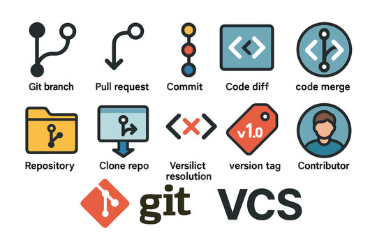 Informative Grid of Git and Version Control System Icons in Flat Style