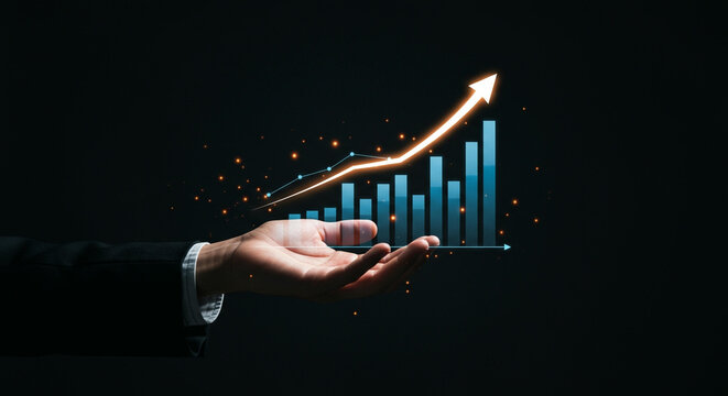 Hand Presenting Graphical Data Growth With Rising Chart Indicators Symbolizing Financial Success and Market Progression