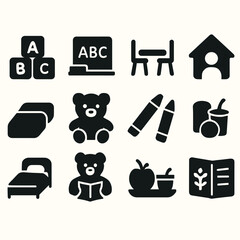 Fototapeta premium Set of black and white educational icons for preschool with ABC, drawings, toys, and snacks