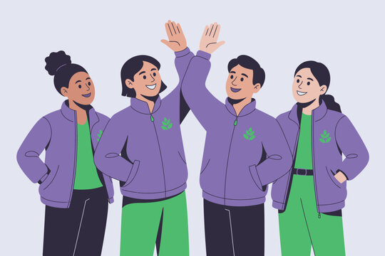 Diverse team giving high five wearing matching jackets with leaf logo