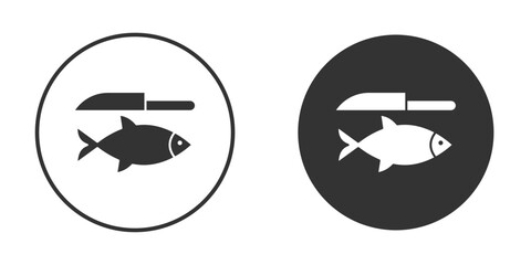 Fish and a knife icon in solid black flat shape glyph icons.