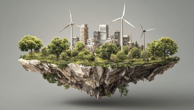 Floating island city with wind turbines and greenery